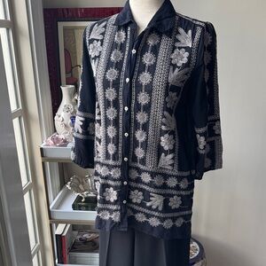 Johnny Was Navy and White Floral Embroidered Blouse